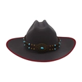 Dark gray wool felt fedora with red trim and turquoise beaded ethnic leather band - One Size (Wide Brim) / Grey Red Rim (Treasure Flower Leather Belt)