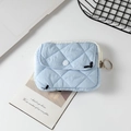Mini light blue quilted storage pouch with zipper and snap button for earphones - 12*1.5*9cm / Light Blue Embroidered Bow