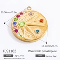 Polished golden stainless steel round pendant with multi-color stones and sunburst design - Round Starburst Multi-Color Gem Pendant (PJ91182)