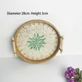28cm round rattan woven tray with floral shell inlay and wooden handles for storage - Green Leaf / Large 28x3cm
