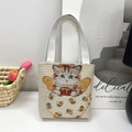 Beige canvas tote bag with jacquard cat and bee embroidery in a stylish aesthetic - Style 15-Cat in Honey Jar
