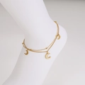 Gold double-layered stainless steel anklet with moon charms and shell inlays on white model - 22cm+4cm / Anklet