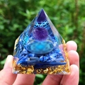 Blue crystal pyramid resin ornament with gold flakes and purple orb held by hand - Blue Crystal Purple Ball Magic Circle / Small