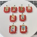 Eight golden religious saint pendants with red bead edges for DIY jewelry making - Red