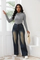 Women's deep blue high waist wide-leg jeans paired with a slim grey knitted top - S / Navy Blue