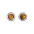 Pendientes halo de plata S925 con piedras ojo de tigre redondas y detalles de diamantes - Ojo de Tigre Amarillo Color Plata (Con Cierres de Plata de Ley)