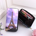 Eiffel Tower long zipper wallet showing front pattern and internal multi-card slots - Purple Landscape / Purple Cloud Eiffel