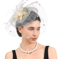 Elegante fascinator da sposa con piume, fiori e velo a pois per cerimonie - Bianco Sporco