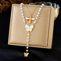 Double-layered gold stainless steel necklace featuring shell butterfly and bee pendants - Butterfly Bee Double Layer Necklace Style (N3385)