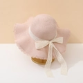 Detail of pink straw sun hat with white lace bow and delicate wavy brim texture - Adult 55-58cm / Bow Style / Pink