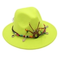 Detail of neon green fedora featuring ethnic beaded band with shells and leather tassels - Fluorescent Green