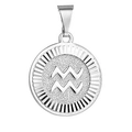 Silver Aquarius zodiac pendant with embossed symbol and textured circular edge finish - Silver Aquarius