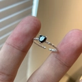 Silver twist ring with black heart gemstone and adjustable open band design - Twisted Rope Texture Heart Black Gem Style (J2630)