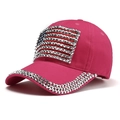 Deep pink baseball cap featuring sparkling rhinestone US flag patch and sequined brim - Rose Red