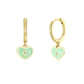 Detail of mint green heart-shaped enamel earrings with sparkling white zircon accent - Heart Pendant / Mint Green/Gold