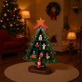Miniature green wooden Christmas tree desk ornament with painted festive figurines - Plaid Green Christmas Tree / Plaid Green