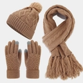 Set invernale da 3 pezzi con berretto color cammello, sciarpa con frange e guanti touch - Cachi