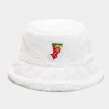 Detail of white faux fur bucket hat featuring a colorful Christmas stocking embroidery - M / Christmas Stocking Pattern White