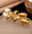 Three gold vintage rings with geometric designs and white marble inlay for women - Stainless Steel Marble Texture Spiral Geometric Ring Set (3Pcs) (19 不锈钢戒指3个)