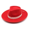 Detailed view of red wool fedora hat featuring a white braided band and wide flat brim - M (56-58cm) / Red