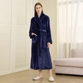 Thick navy blue flannel bathrobe for men and women featuring plush shawl collar and belt - Navy Blue [Female]