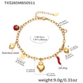 Gold-plated stainless steel charm bracelet featuring ladybug heart and chili pendants - Gold DIY Anklet (20+5cm)