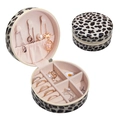 Portable round jewelry box featuring leopard print exterior and zipper closure - Leopard Print