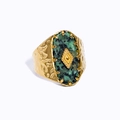 Anello a fascia larga vintage con malachite verde e finitura oro martellato - Stile Turchese Ovale con Trama Martellata (SR22112402)