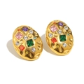 Vintage 18K gold plated stainless steel oval stud earrings with colorful gemstones - Gold-Multicolor Zirconia