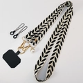 Adjustable crossbody phone strap featuring black and white leaf pattern with pearl charm - Vine Leaf Pearl Lanyard + Black Patch / Black