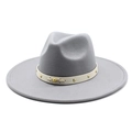 Detailed macro view of the felt wool fedora with gold rivet trim and beige ribbon band - M(56-58cm) / Light Gray