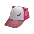 Detail of pink kid's baseball cap featuring 3D cat ears and glitter sequins on the brim - Rose Red Unicorn Mesh Cap
