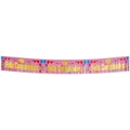 Pink foil fringe birthday banner with golden Feliz Cumpleaños text for party decor - Spanish Block Font Pink