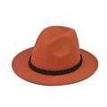 Detail of an orange wool fedora featuring a decorative thick glossy black chain trim - Lake Blue with White Chain