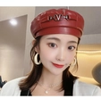 Dark red PU leather beret with a stylish metal V buckle accent for women - One Size 58cm / Wine Red V Logo Style