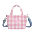 Kids plaid canvas crossbody bag with pink bow embroidery and denim shoulder strap - Bowknot Style / Pink