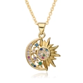 Detailed close-up of golden sun and moon pendant inlaid with colorful zircon stones - Sun Moon Radiance (D007)