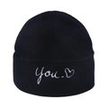 Black knit beanie with embroidered 'you' text and heart detail for winter warmth - You Heart Embroidery / Black