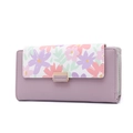 Détail du portefeuille long violet avec imprimé floral et texture en cuir litchi - Nouveau Violet
