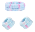 Set polsini e fascia in pile corallo azzurro con pois rosa per lavaggio viso e cura - Set da 3 pezzi con stampa coniglio blu (177#)
