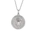 Silver lion head medallion pendant necklace with cubic zirconia in hip hop style - Silver Lion Head Pendant With Silver Rope Chain (KN230163-K)