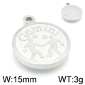 Silver stainless steel Gemini zodiac pendant showing dimensions 15mm and 3g weight - Gemini / Steel