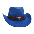 Royal blue faux suede cowboy hat featuring a brown leather band and silver bull head emblem - One Size / Sapphire Blue