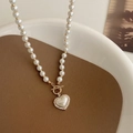 Vintage pearl necklace with heart pendant and golden OT clasp on ceramic tray - 31# Pearl Heart T-Bar Necklace (Gold OT Buckle)