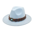 Detail of wool fedora hat featuring brown braided leather band and turquoise stone accent - M (56-58cm) / Sky Blue