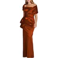 Elegante bronzen satijnen avondjurk met asymmetrische halslijn en strikdetail in de taille - US Maat 4 (S) / Karamel