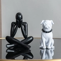 Abstract black thinking figure and white pug resin sculpture set for modern home decor - Style D Black And White Dog