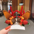 Pair of festive Christmas reindeer antler hair clips with red flocking and pine cones - 23# Red Antler Clip with Pine Cone & Raspberry