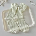 Striped light green cotton crew socks with minimalist circular embroidery patch - One Size / White Green