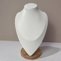 Detail of white bust necklace display stand with circular solid beech wood base - Brushed Leather / Medium / White
